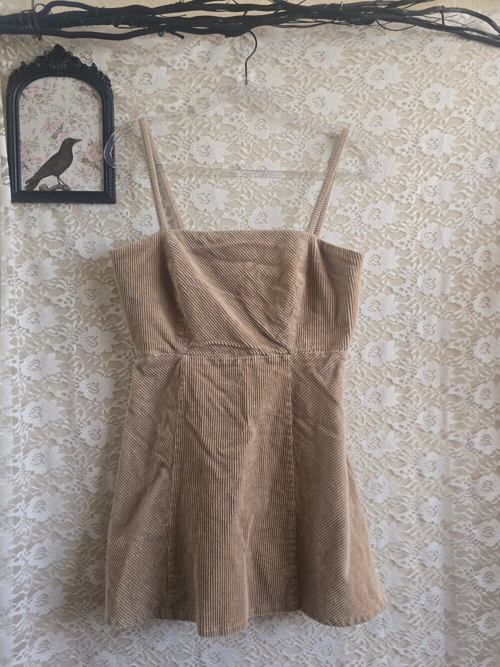 Tan Corduroy Mini Dress - Pinafore Dress - Y2K - 90s Revival - Rebel - Layering